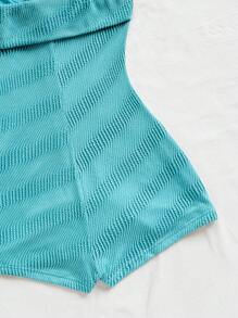 Soleia 女士节日针织不对称纹理波浪紧身胸衣扭结腰部修身连体衣，适合派对、约会、情人节、下午茶 - 藍色 - 查看 4