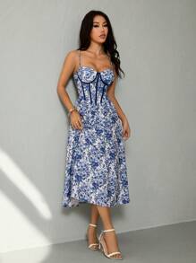 SHEIN PETITE Đầm corset cạp cao họa tiết hoa màu xanh và trắng tương phản sọc eo - Màu xanh lam - Xem 3
