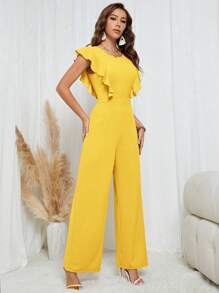 SHEIN Tall Women's Solid Color Ruffled Collar Elegant Jumpsuit, Suitable For Commuting In Summer - Yellow - View 4