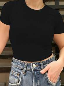 INAWLY Áo thun nữ cổ tròn tay ngắn màu đen đơn sắc giản dị - màu đen - Xem 4