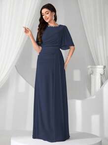 Coutiva High-End Ladies Luxury Faux Pearl Collar Evening Gown, Formal Party Dress With Elegant Charm, For Wedding Guest - Navy Blue - View 1