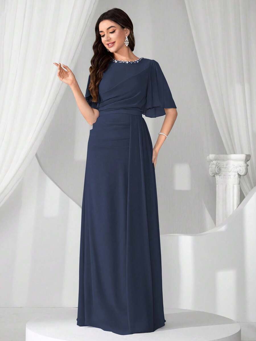 Coutiva High-End Ladies Luxury Faux Pearl Collar Evening Gown, Formal Party Dress With Elegant Charm, For Wedding Guest - Navy Blue - View 1