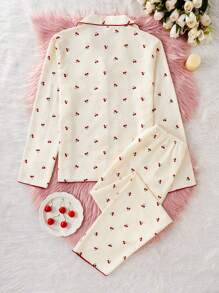 Genkimix Kids Teen Girls Apricot Minimalist Cherry Print Long Sleeve Top And Pants 2 Pieces Casual Comfortable Loungewear Set,Summer,Travel - Apricot - View 2