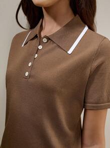 Muvela 2pcs/Set Women's Summer Fashion Brown POLO Short Sleeve Top And Skirt Knit Suit