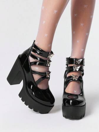 Tacones altos con plataforma y suela gruesa para mujer, impermeables, de punta abierta, con decoración de mariposa, zapatos de tacón con estilo oscuro