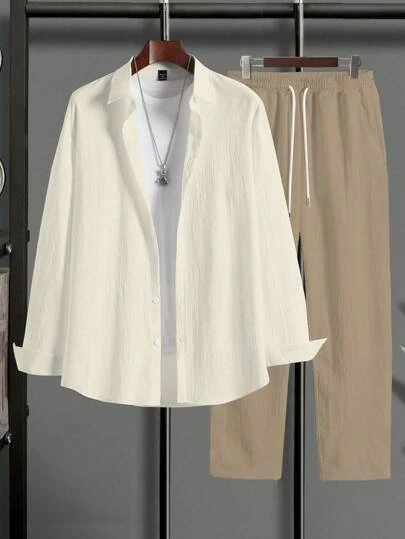 Manfinity Homme 2 件男士休闲简约纽扣衬衫和抽绳裤套装，秋季服装，舒适服装