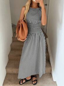 Easowa 女式无袖 A 字中长连衣裙，肩部系带蝴蝶结，腰部褶皱，格纹图案，休闲度假，优雅户外穿着，春夏季，波西米亚服装，老钱风格