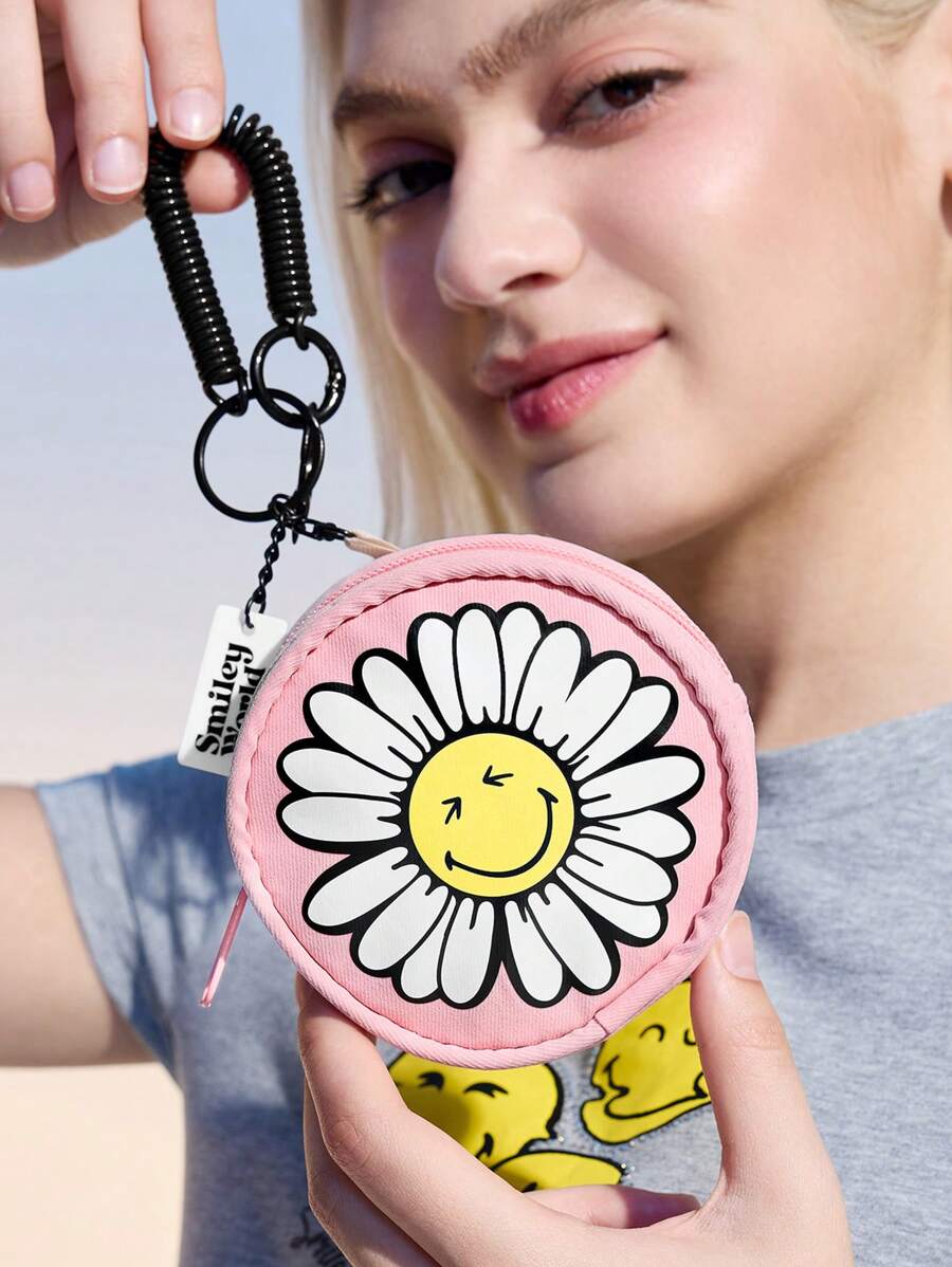 SmileyWorld® | SHEIN 1 chiếc ví đựng tiền xu tròn có họa tiết mặt cười dễ thương, khóa kéo, kèm dây đeo co giãn, có thể treo vào túi xách, phù hợp cho người lớn, có thể đựng tiền xu, thẻ ID, son môi, chìa khóa, vật dụng nhỏ, hình mặt cười, hoa cúc. - Bụi hồng - Xem 1