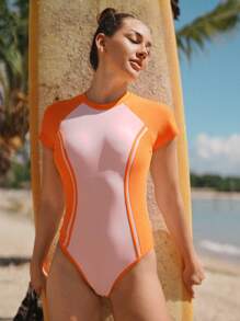 Swim SPRTY 1pc Pink & Orange Splice Raglan Sleeve Zipper Back Sporty One Piece Swimsuit - Pink - View 2