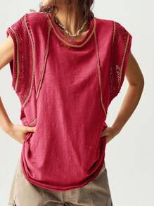 Bohemela Áo thun cổ tròn dệt kim màu trơn không tay rộng rãi đã giặt dành cho nữ - Màu Đỏ Sâu - Xem 6