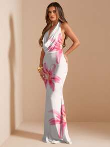 SHEIN BAE Casual All-Over Print Draped Neck Long Dress/Pink Ombre Dress/Island Vacation Dress/Resort Dress/Birthday Party Dress/Elegant Backless Dress For Women/Elegant Dresses For Party,Bodycon Dress Chic Dress - Multicolor - View 4