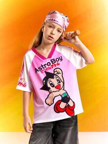 Astro Boy X SHEIN Tween Girl Gradient Pink Cartoon Graphic Pattern Contrast Tape Panel Insert Crew Neck Basketball Jersey T-Shirt - Pink - View 3