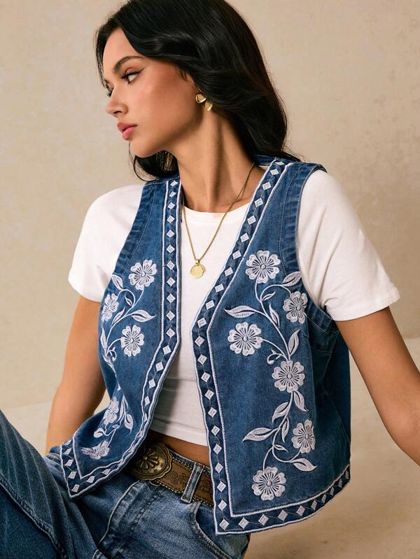 Poéselle Vestă din denim pentru femei, vestă brodată, vestă din denim albastră, stil boho, jachetă din denim pentru femei, broderie florală, vestă din denim cu deschidere în față, jachetă de vară, topuri, haine de vară pentru femei, top cu umăr descalț, ținută de concert Y2K, drăguț vară, topuri, haine de festival