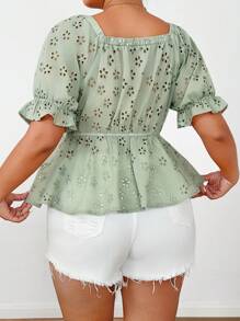 Flirla French V-Neck Embroidered Casual Women Blouse Top - Green - View 3