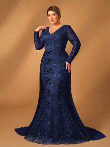 Serin Plus Size Women's Elegant Luxurious Sparkling Sequin Fabric V-Neck Mid-Sleeve Mermaid Long Hem Patchwork Chiffon Flowy Dress, Suitable For Wedding, Gala, Party, Formal Mother Of The Bride Dress