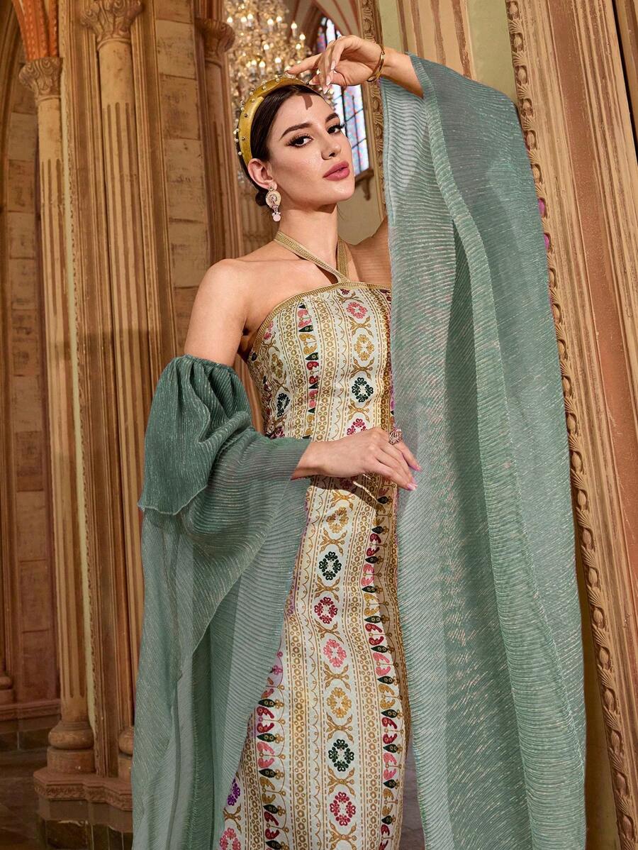 Al Najma 女士花卉印花挂脖式优雅阿拉伯连衣裙 - 綠色 - 查看 1