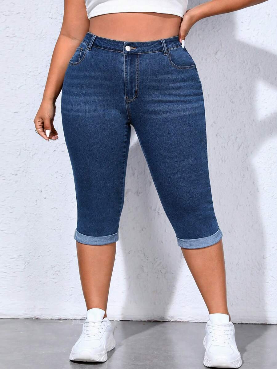 SHEIN CURVE+ Jeans de mezclilla casual con diseño de bigotes de gato para tallas grandes