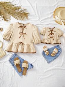 Travachic KIDS Cute "Babygirl" Bow Decor Apricot Short Sleeve Top, Versatile Summer Holiday Wear - Apricot - View 7