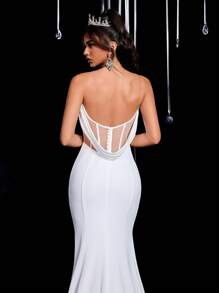 Glamrae 优雅的白色缎面露肩简约分线美人鱼剪裁奢华多层薄纱超长舞会礼服，配有可调节后系带、长拖尾、晚礼服、婚纱、新娘 - 白色 - 查看 7