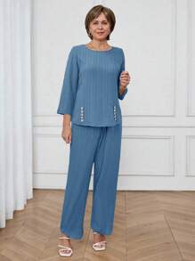 Miaspire Bộ 2 món/Bộ đồ nữ cổ tròn vải họa tiết rộng rãi và quần ống rộng, Xuân/Hè - Màu xanh lam - Xem 6