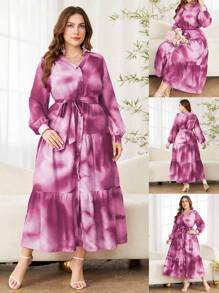Modelyn Women Plus Size Long Sleeve Tie Dye Waist Flattering Midi Dress - Purple - View 1