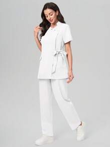 Scrubzie Wrinkle Resistant Short Sleeve Lace-Up Long Shirt And Pants Scrub Uniform Set