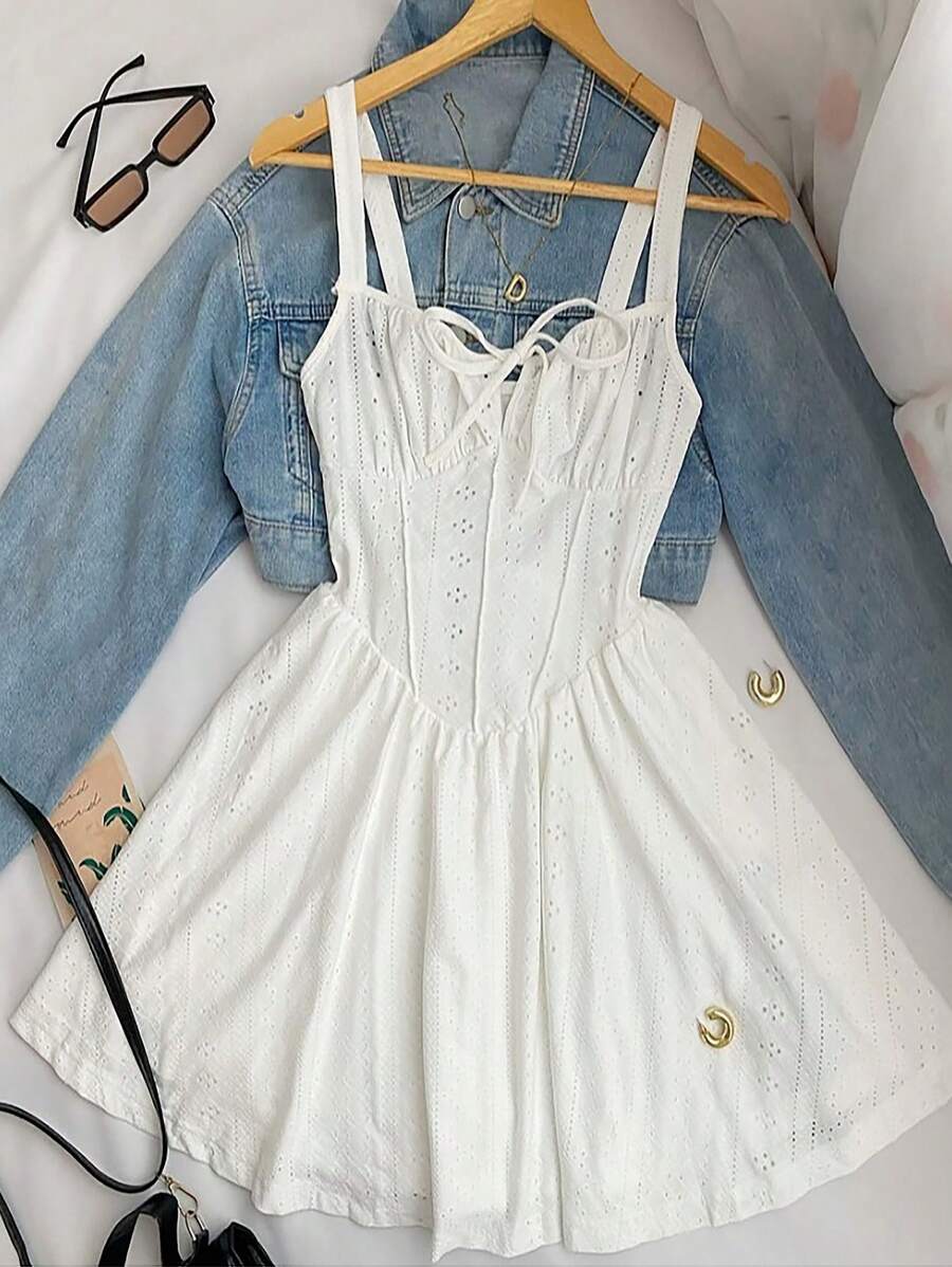 INAWLY Women's French Style Elegant Tie-Waist Hollow Bowknot Sleeveless A-Line Mini Dress, Cute & Sweet For Summer - White - View 1