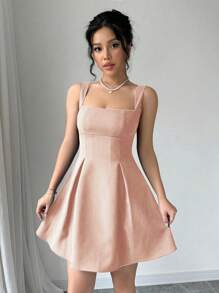 Chiquease Women's Summer Casual Waisted Low-Cut Solid Color Vacation Dress Mini Short Women Outfit - Coral Pink - View 5