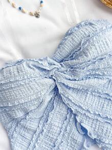 SHEIN 少女情人节度假风芥末蓝纹理抹胸，正面扭纹，荷叶边修身衬衫。适合下午茶、街头、度假、叠穿或派对穿着，秋冬季