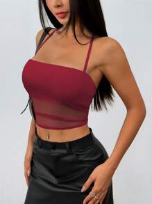 EgrlEra Parte superior casual de mujer con cuello de halter de encaje y malla translúcida empalmada - Burdeos - Ver 4