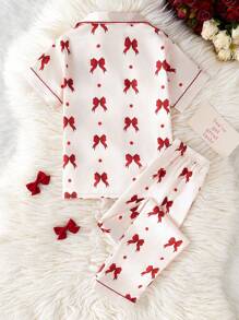 Genkimix Kids 2pcs Girls Allover Print Bowknot & Ribbon Pattern Polo Collar Cardigan Short Sleeve Top And Casual Long Pants Pajama Set - Apricot - View 2