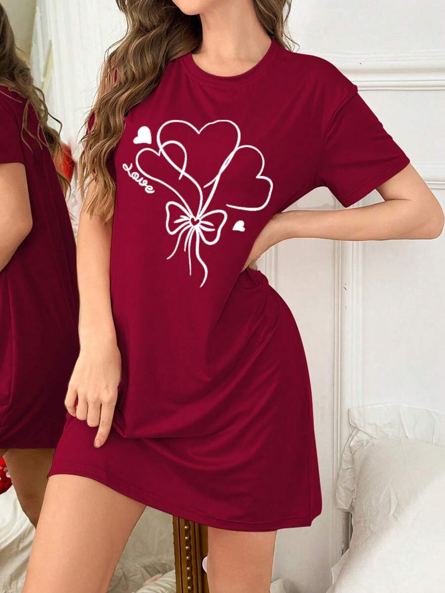 Women's Round Neck Cartoon Heart Balloon Print Short Sleeve T-Shirt Nightgown, Moo Moo Night Dress - Burgundy - View 1