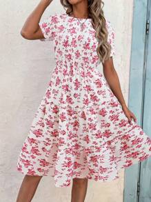 Breezaya Allover Print Ruffle Hem A-Line Dress Maxi Vacation Beach Outfits Women - Red and White - View 4