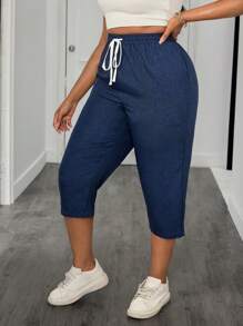 SHEIN PETITE CURVE Plus Drawstring Waist Capris Pants For Summer Vacation,Summer Pants Teacher,Pocket, Spring, Graduation Ceremony, Casual, Blue - Navy Blue - View 7