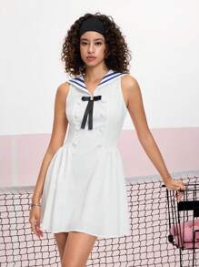SHEIN MOD White Peter Pan Collar Bowknot Decor A-Line Dress - White - View 4