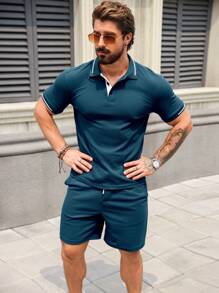 Manfinity Homme 2pcs Men's Contrast Color Half-Zip Summer Short Sleeve Polo Shirt And Drawstring Shorts Suit - Cadet Blue - View 6