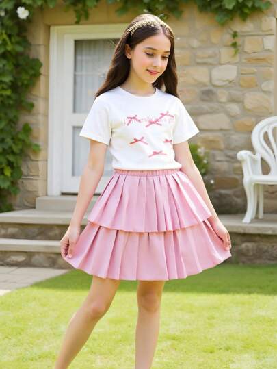 2 件套女童休闲字母印花蝴蝶结装饰短袖 T 恤和松紧腰双层荷叶边裙套装，夏季度假装