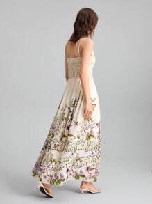 Ontre 2025 Summer Women'sLong Floral Print Ruched Bust Strap Dress, Suitable For June Holidays, Independence Day, St. John's Day, Beach, Vacation, Graduation, Office, Beach Wear, Holiday, Tea Party, Party