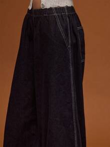 COUREZ Calça Denim Cintura Baixa Ajuste Médio Balão/Y2K/Casual/Algodão/Looks de Verão para Mulheres Algodão Vintage - Lavagem escura - Visão 5