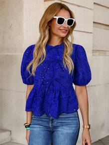 Solivie Blouse décontractée élégante à manches bouffantes et nœud devant avec broderie, convient pour la Saint-Valentin