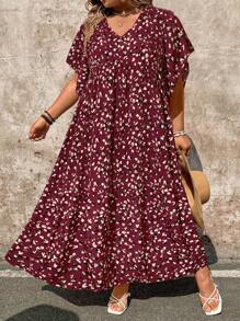 EMERY ROSE 大码女式优雅碎花宽松荷叶边袖 V 领长裙