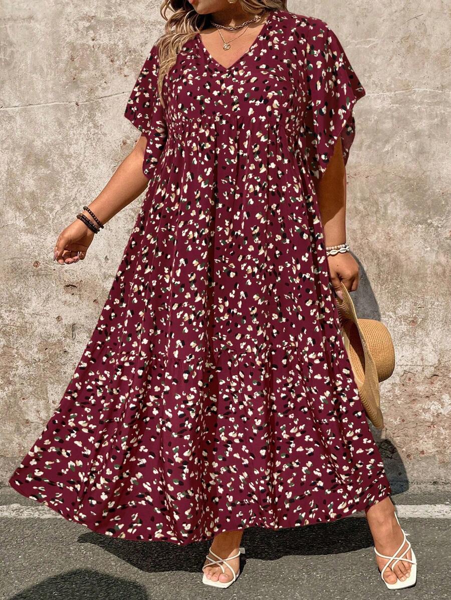 EMERY ROSE 大码女式优雅碎花宽松荷叶边袖 V 领长裙