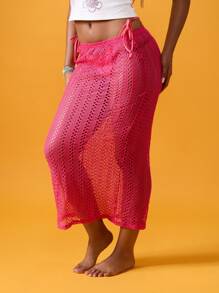MISSGUIDED Strandaccessoire gehäkelte Maxi Rock mit Seitenbändern, Sommerurlaubs Resort-Kleidung, Mesh Gestrick Lang Badeanzug-Cover-Up mit Schlitz, Urlaubsmode Poolseite - Heißes Pink - Übersicht 6