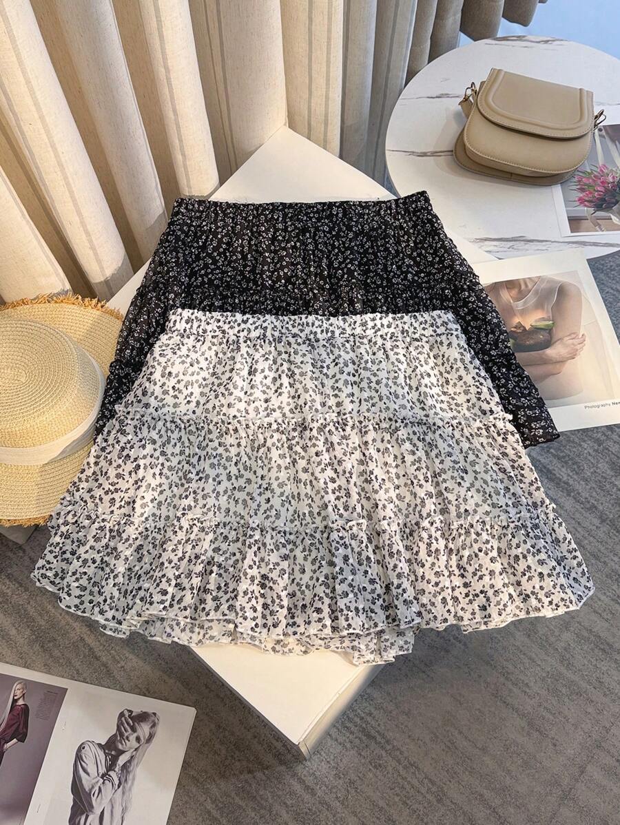 Comfortcana Plus Size Summer Ditsy Floral Chiffon Underskirt Design Short Skirt