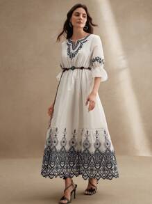 Anewsta Vintage French Embroidered Vacation Style Elegant V-Neck Women Dress