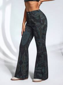 SHEIN ICON Damen Skinny Jeans mit Pflanzen Muster und Taschen, modisch - Dunkelgrau - Übersicht 4