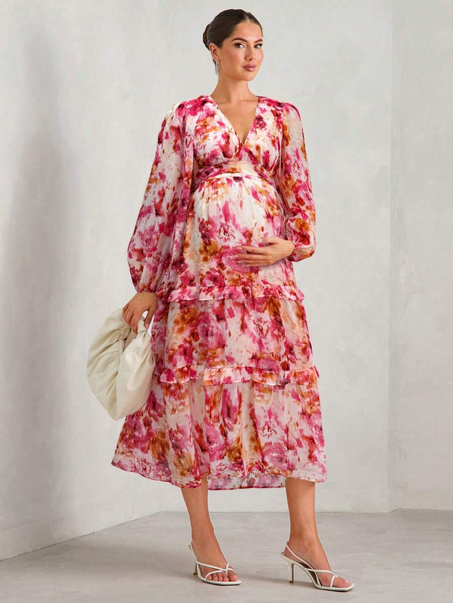 MaterniChic Vestido de mujer embarazada de cuello en V profundo con manga farol y volante en el bajo, con cintura ceñida, perfecto para vacaciones