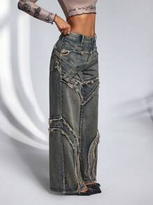 Jeanoix 女式宽松喇叭阔腿毛边休闲百搭牛仔裤