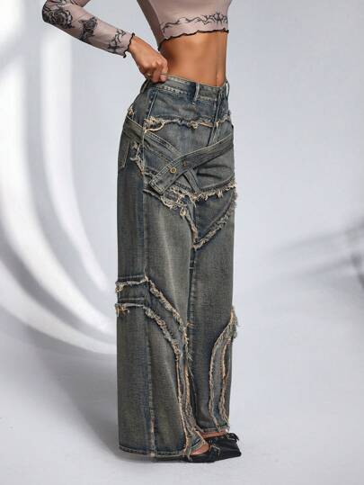 SHEIN PETITE Jeans casual larghi con design a bottoni e orlo sfrangiato per donna