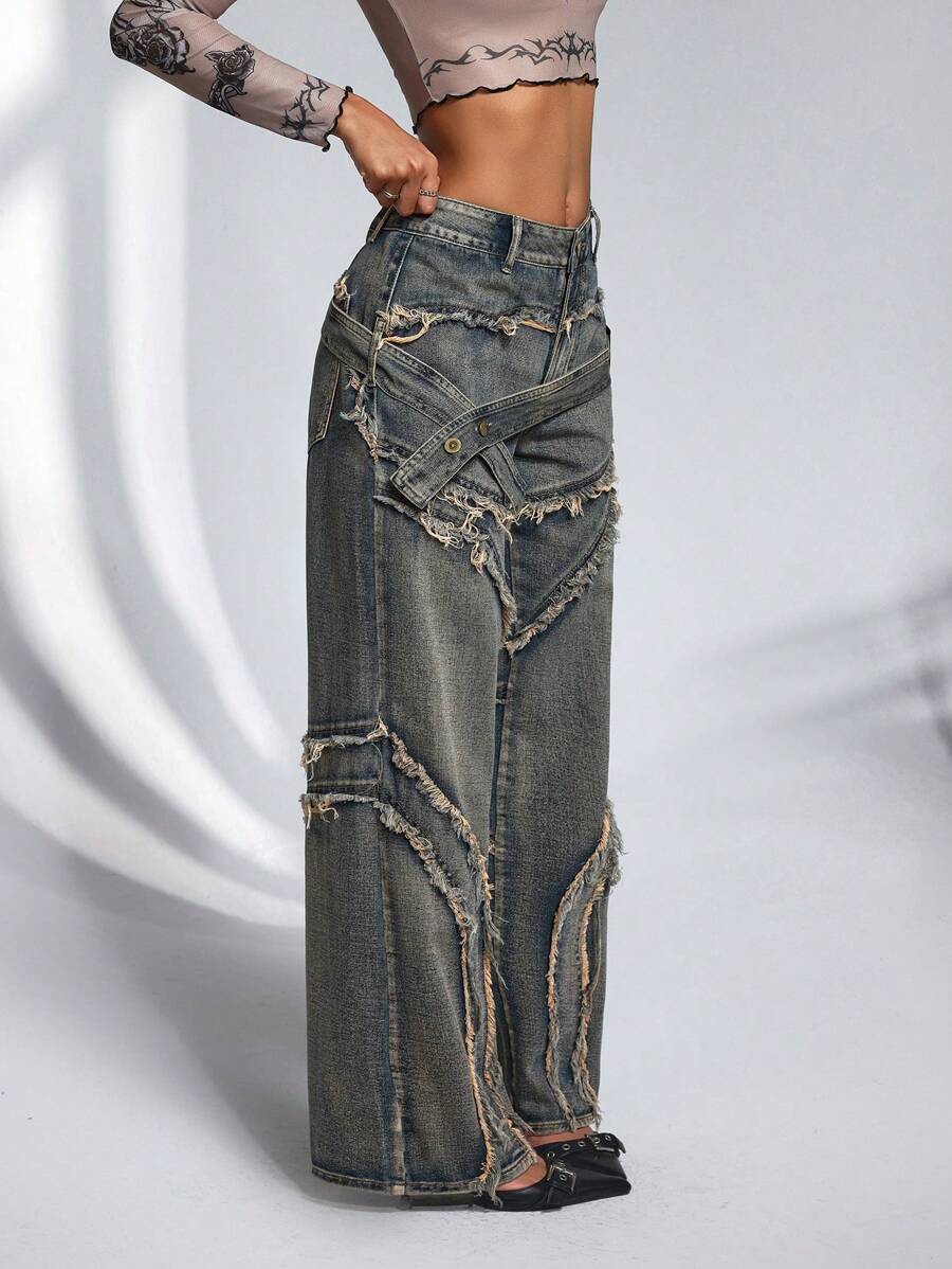 SHEIN PETITE Quần jean ống rộng ống rộng, thiết kế cài nút, viền tua rua dành cho nữ - Màu xanh lam - Xem 1